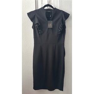 Knitee Women's L Black Ruffle Sleeve Midi Sheath Cocktail Dress - NWT